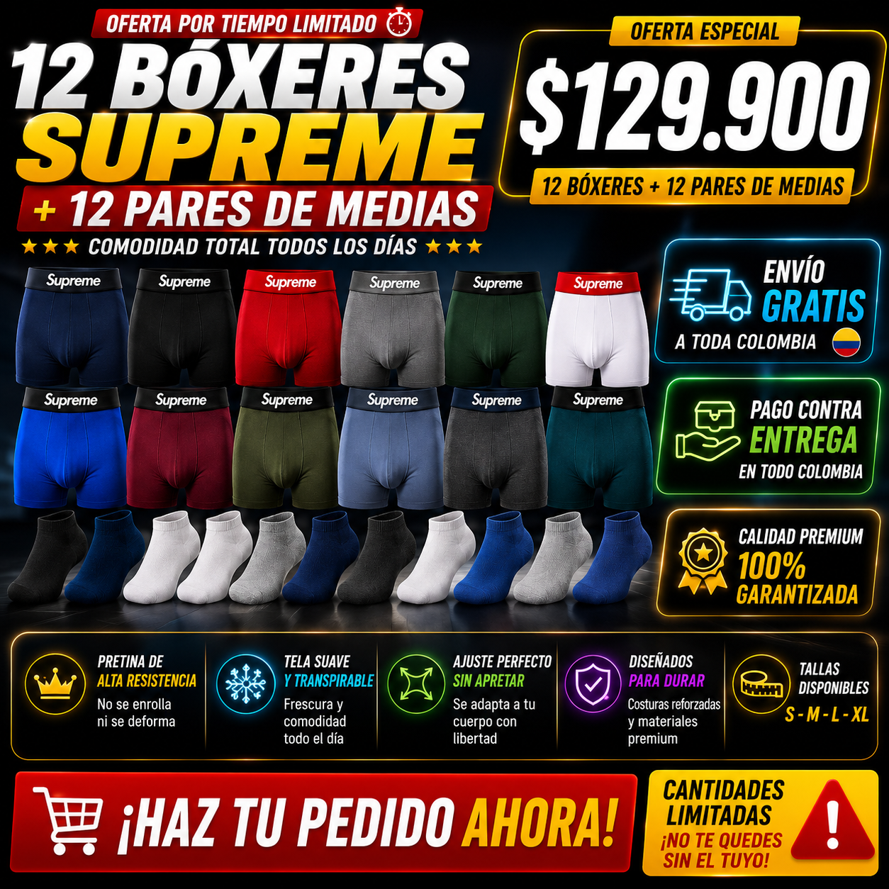12 BOXER SUPREME MAS 12 PARES DE MEDIAS (PROMO FACEBOOK)