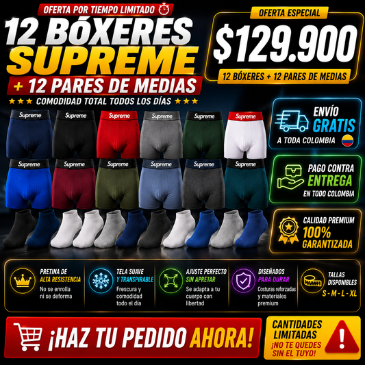 12 BOXER SUPREME MAS 12 PARES DE MEDIAS (PROMO FACEBOOK)